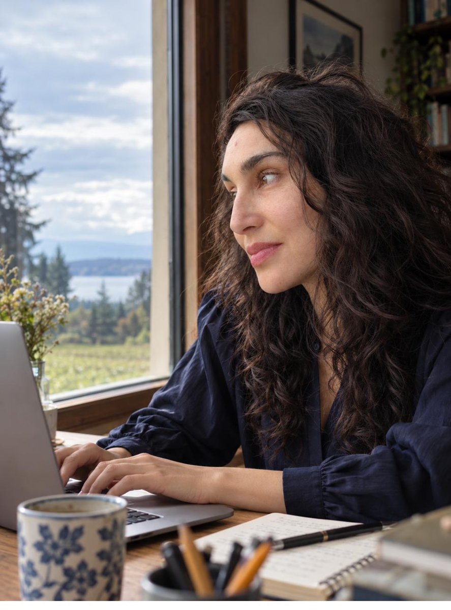 Ana Carolina Morales Coronado trabajando junto a una ventana con vista al lago